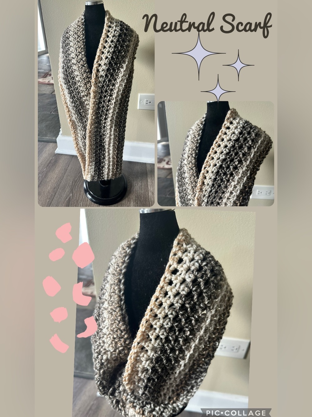 Neutral Crochet Infinity Scarf - Beige Taupe Gray